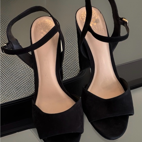 Vince Camuto Black Suede Ankle Strap Block Heel Sandals | Dress Heels Size 8.5 - Picture 2 of 3